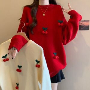 Womens Christmas Red Cherry Sweater For FallWinter