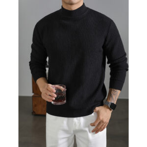 Mens Warm Korean-style Half-turtleneck Sweater With Vertical Stripes For Layering